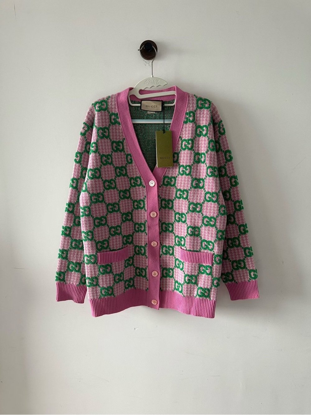 Gucci Pink and Green GG Motif Wool Cardigan